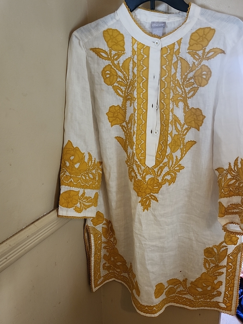 Chico's White Tunic with Mustard Embroidered Floral Detail